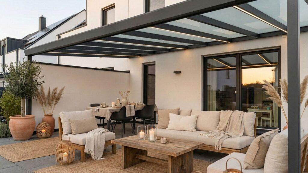 ibiza stijl overkapping met lichte meubels en sfeerverlichting