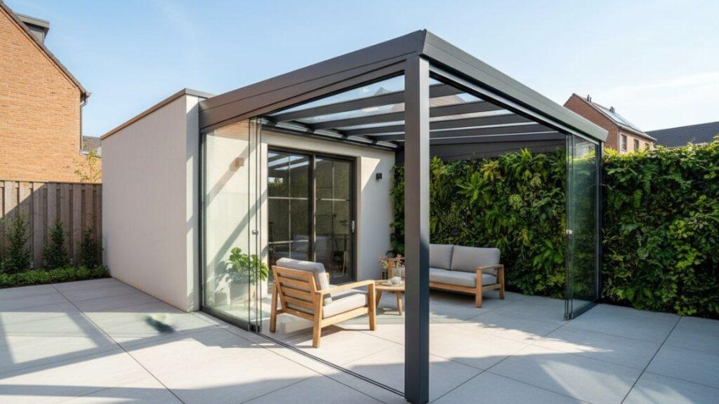 Kleine aluminium overkapping aan schuur in compacte tuin