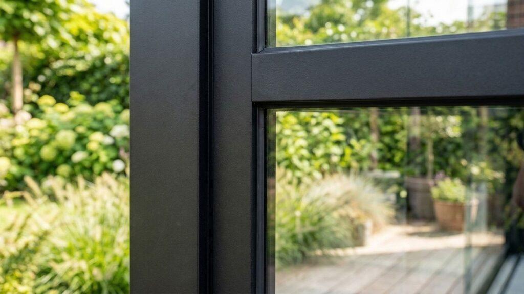 Detail van een onderhoudsvrij zwart aluminium frame en glazen schuifwand van een luxe moderne poolhouse