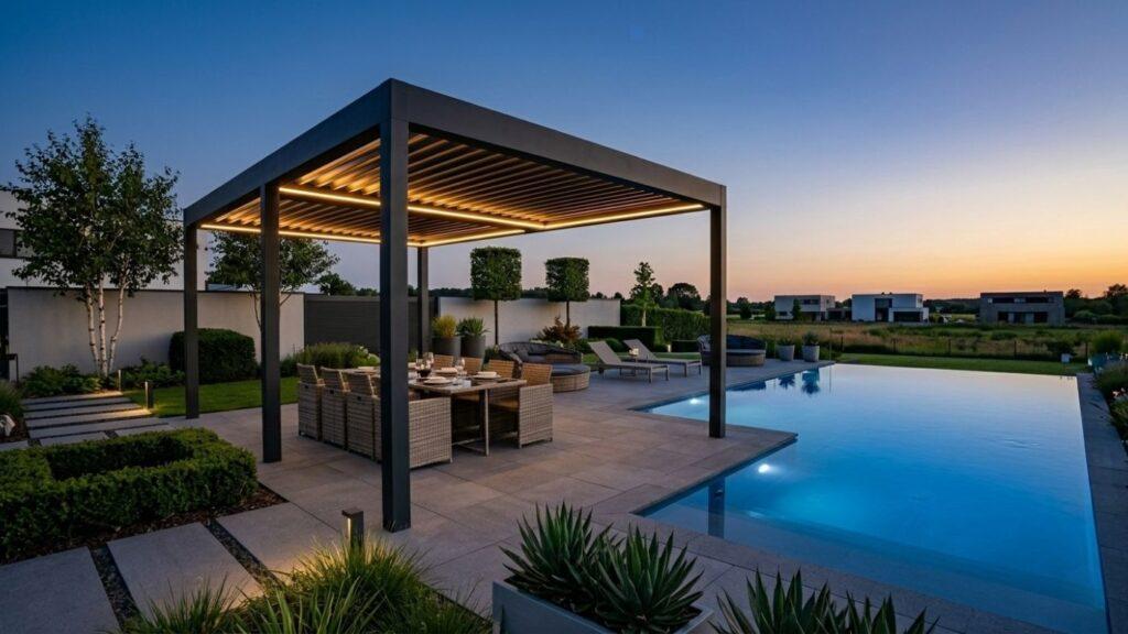 Een moderne poolhouse van luxe zwart aluminium naast een verlicht zwembad bij zonsondergang
