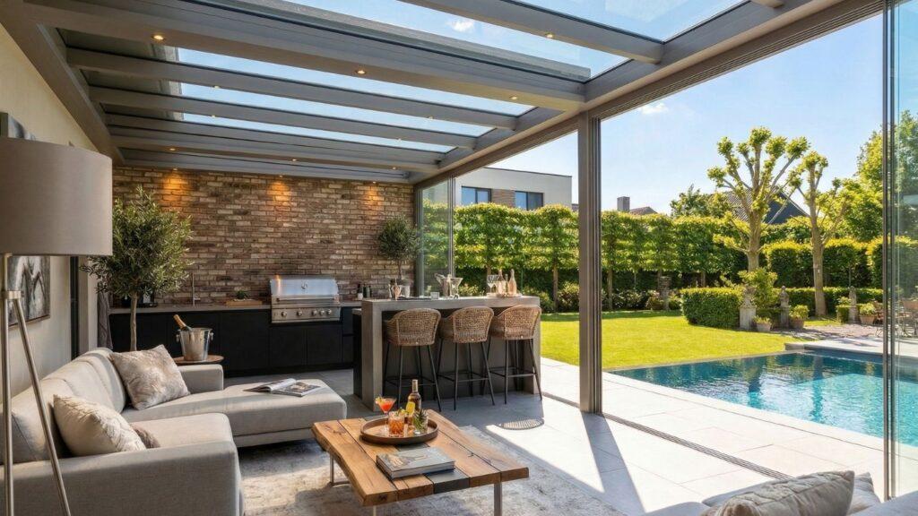 Interieur inspiratie voor een moderne poolhouse ingericht met luxe buitenkeuken en sfeervolle lounge