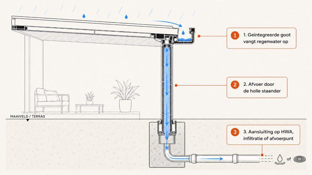 Diagram waterafvoer overkapping: van dakgoot via de staander naar de hemelwaterafvoer